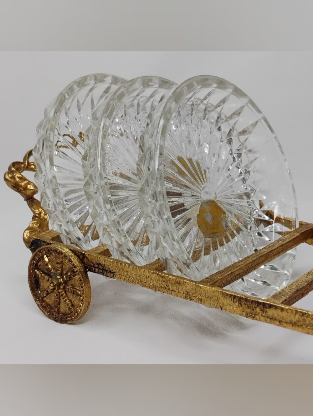Vintage Bohemia Glass Czechoslovakian Crystal Coasters Set With Gold Plated Cart - Picture 3 of 16